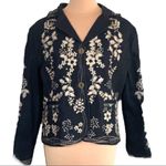 Vintage 90s Embroidered Jean Jacket Black Denim Tan Floral Bohemian Size Small Photo 1