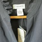 Carmen Marc Valvo NWT  navy sheer ls blouse with gold button and ruffle detail. Photo 1