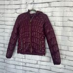 Steve Madden Quilted Puffer Jacket Women’s S Burgundy Hooded Zip Coat Gold Trim Photo 8
