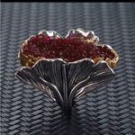 Unique Silver Color Ginkgo Leaf Rings Personality Red Crystal Stone Photo 2