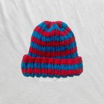red blue striped hand knit ribbed beanie Photo 0