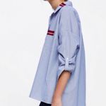 ZARA Blue White Stripe Button Poplin Shirt Contrast Red Accent Basic Top Size XS Photo 1