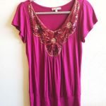 Moa Moa  Top Pink Sequin Floral Bib Cap Slv Tee L Photo 1