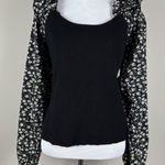 Anthropologie By Top Womens XL Black Floral Woven Ruffle-Sleeve Sweater Ribbed Photo 0