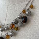 Double Strand Silver Tone Necklace Brown Amber Filagree Photo 2