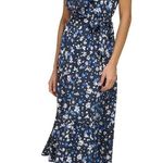DKNY Women’s Blue Floral Print V neck Ruffle Midi Dress Causal Waist tie 10 Photo 0
