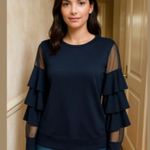 14th & Union  Black fancy sweatshirt with ruffled sleeves with mesh detail S Photo 1