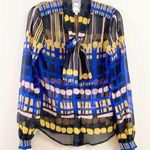 Yoana Baraschi  Tie- Neck Sheer Abstract Royal Blue/Black Long Sleeve Top Photo 0