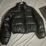 faux leather bomber puffer jacket Black Photo 1