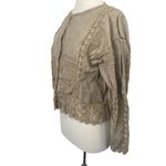 Vintage Leather Jacket Collarless Tan Textured Crochet Detail Button Up Womens L Size L Photo 4
