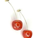 VTG Cherry Threader EARRINGS 2.25" Dangle Drop Red Flower Petal Acrylic Cherries Photo 4