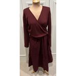 ZARA  Womens Wrap Dress Large Burgundy Midi V-Neck Long Sleeve Knit Photo 2