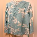 Floral Linen Tunic Top Shirt Blouse Blue Turquoise White Casual Vacation Large Photo 5