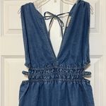 Indulge NWOT Wide Leg Blue Denim Neck Tie Side Cutout V-neck Jumpsuit Large Photo 2
