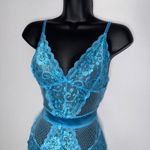 Fairy‎ Floral Lace Mesh Lingerie Bodysuit Open Back Aqua Blue Size L Photo 2