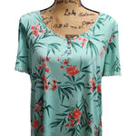 Floral Print Top Short Sleeve Casual Button Up Womens Shirt Large Green Photo 0