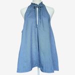 Anthropologie Pilcro Blue Ruffle Tie Neck 100% Linen‎ Top Sz L Photo 1