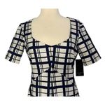 ZARA  Pencil Shift Dress Navy Blue White Plaid Short Sleeve Square Neckline Sz S Photo 5