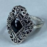 Silver Tone Filagree Ring Black Inlay Small Pinky Finger Approximate Size 6 Photo 1