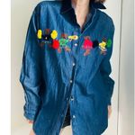 VTG 90s Denim Shirt Dark Wash Cotton Cheerleader Bears Size Large Embroidery Blue Photo 7
