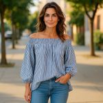 Revamped  Blue and White‎ Relaxed Smocked Off Shoulder Blouse Large Photo 1