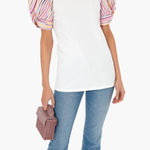 Tuckernuck Pomander Place White Bermuda Pink Striped Puff Sleeve Tee Size Medium Photo 0