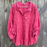 EUC John Mark Linen Ruched Sleeve Button Front Wired Collar Top Deep Rose 3X Photo 1