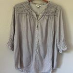 Sundance Marianna Stripe Top Large Gray White Henley Smocked Ruffle Button Up Photo 1