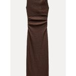 ZARA  Expresso Brown Textured Knot Ruched Side Maxi Dress LARGE Modest Preppy Photo 3