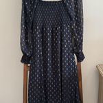 O.p.t. NWOT Navy Blue & Gold Metallic Fleck Smock Detailed Long Sleeve Midi Dress Photo 0