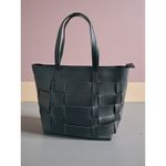 Woven Tote Bag Black Faux Leather Top Handle Bag Everyday Purse Photo 2