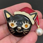 Betsey Johnson Rare Retired Enamel Black Cat with Christmas Hat Pin Brooch Photo 4