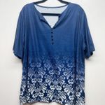 Floral Short Sleeve Women's Dip Dye Blue Henley Top Size 5XL Photo 0