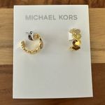 Michael Kors  Gold Plated Over Brass Stacked Heart Hoop Earrings Logo & Crystal Photo 0