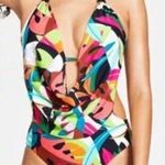 Bar III Tropical Dreams Multicolor Halter Cowl Neck One Piece Swimsuit XS Photo 0