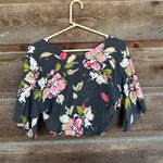 Leith  Cropped Rayon Flounce Sleeve Top V Neck Button Down Floral Photo 1