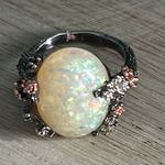 Signed 925 Sterling Cherry Blossom ring with simulated (faux) opal White Photo 0