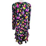 Y2K 100% Silk 90's Bright Floral Long Sleeve Midi Dress Sz 12 Modest Trad Wife Black Photo 1