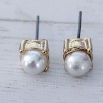 Vintage Stud Earrings Faux Pearl with Square Gold Tone Halo Photo 2