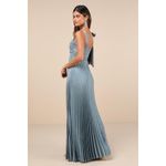 Lulus NWT  Blue Gorgeous Purpose Slate Satin Pleated Sleeveless Bow Maxi Dress 1X Photo 2