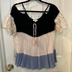 Umgee Boho Crochet Color Block Lace Bell Sleeve Tunic Blouse Size Small Peasant Photo 0