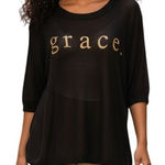 Andthewhy LA Black Lightweight Mesh Knit Grace Graphic Top S/S NWT M/L Photo 0