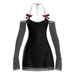 FINESSE COQUETTE black mini halter dress red Bows off shoulder mesh sleeves Photo 6