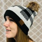 Black and White Plaid Beanie with Pom Photo 0