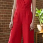 NWOT Level Eight Textured Crop Jumpsuit Tie Bow Detail Pockets Festive Small Red Photo 1