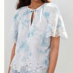 Anthropologie  White Blue Tie Dye Floral Embroidered Eyelet Top Photo 0