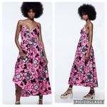ZARA  Pink Black Floral Cotton Poplin Midi Dress Size S Photo 2