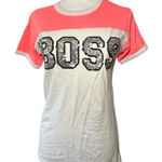 On Fire  logo BOSS Women's Pink and White Short Sleeve Tee medium Photo 0