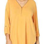 Zenana  Mustard Yellow Zip V Neck 3/4 Ruched Sleeve Tunic Plus Size 1X Stretch Photo 0