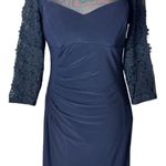 XScape ‎ Dress Women 10 Petite Navy Blue Ruched Long Lace Sleeve Gown Cocktail Photo 6